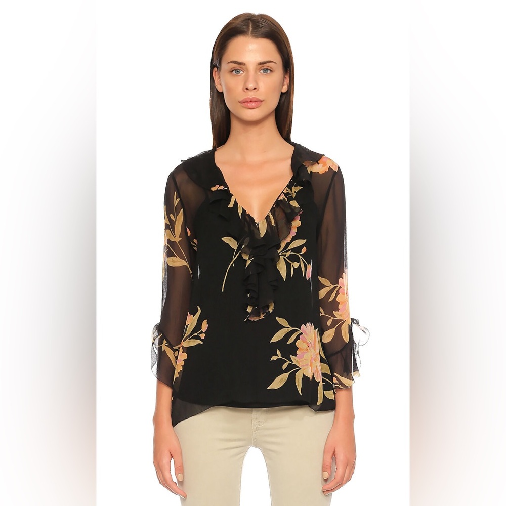 Polo Ralph Lauren (S) 100% Silk Floral Ruffle Sheer Black Work Career Blouse